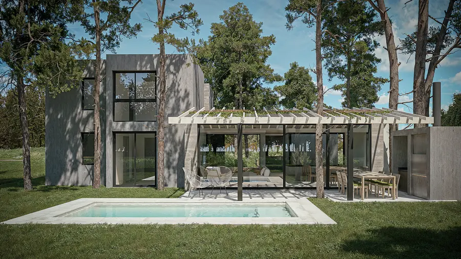 Render exterior de casa de verano en Cariló con pileta y pérgola entre los pinos