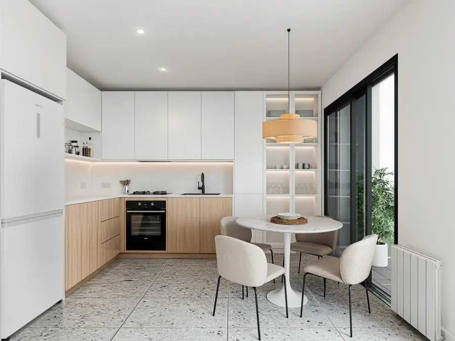 Render de cocina integrada con comedor, muebles en madera clara y piso de granito