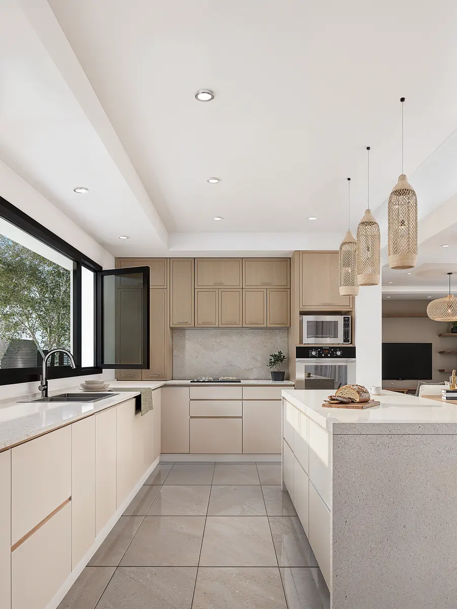 Render de cocina en L con isla y muebles claros para una casa en Tandil