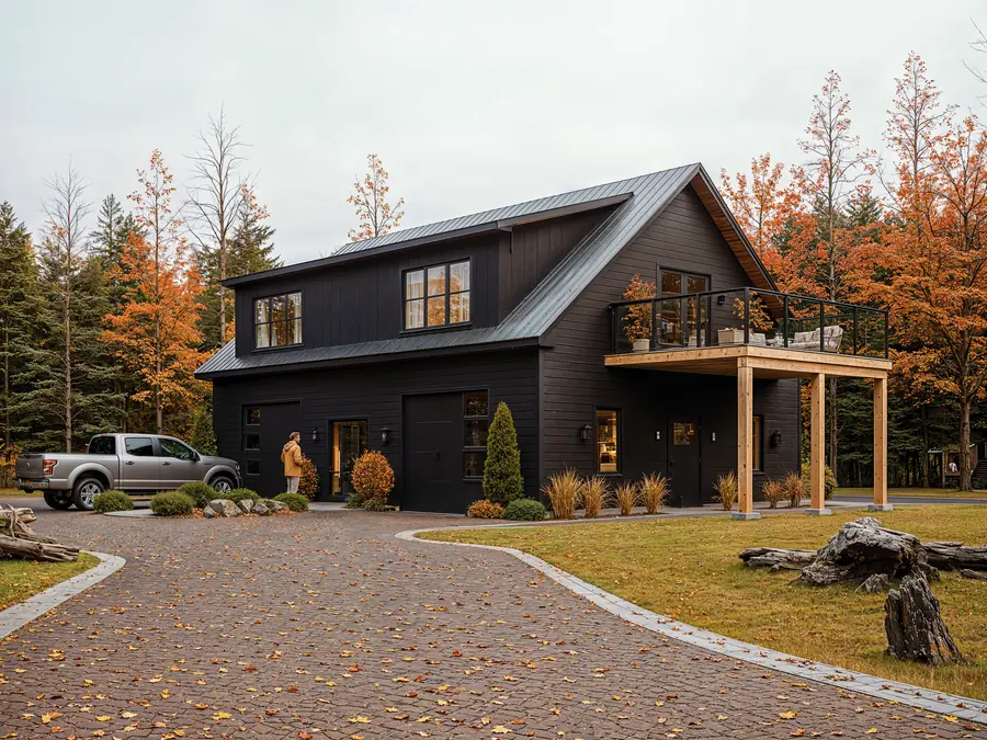 Render exterior de vivienda rodeada de arboleda con follaje otoñal