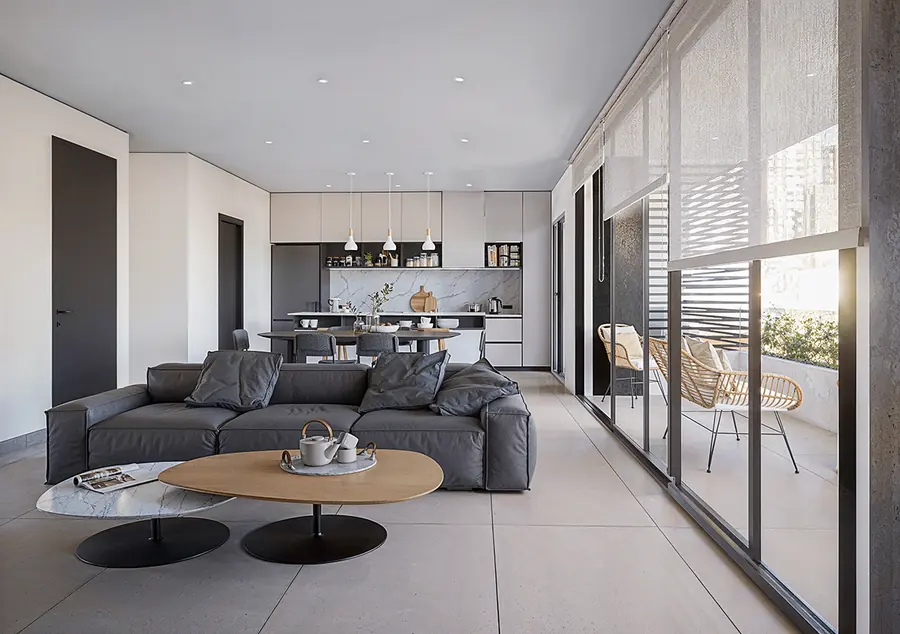 Render interior de living con mesa baja de madera maciza y sillón blanco