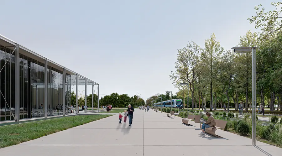 Render del acceso y el paseo público del Museo Nacional de Bellas Artes de Neuquén