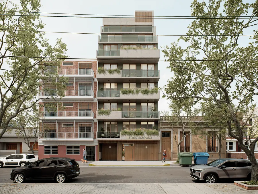Render exterior de edificio de viviendas en Villa Devoto visto desde la vereda
